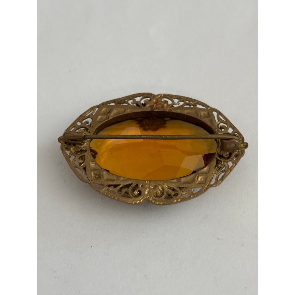 Vintage Antique Citrine Glass Brooch Filigree - Picture 3 of 6